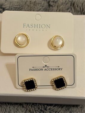 Fashion Jewelry Gold Pearl and Black Crystal Stud Earring Set